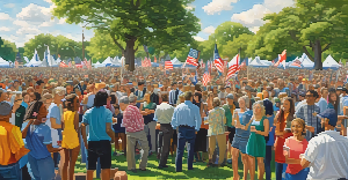 A lively political rally in Texas with a diverse crowd holding banners and flags, set in a sunlit park.