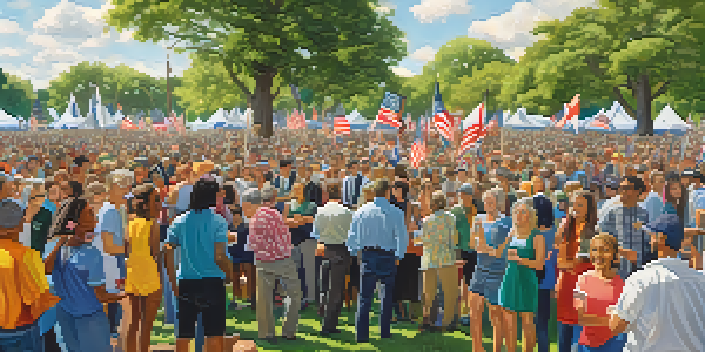 A lively political rally in Texas with a diverse crowd holding banners and flags, set in a sunlit park.