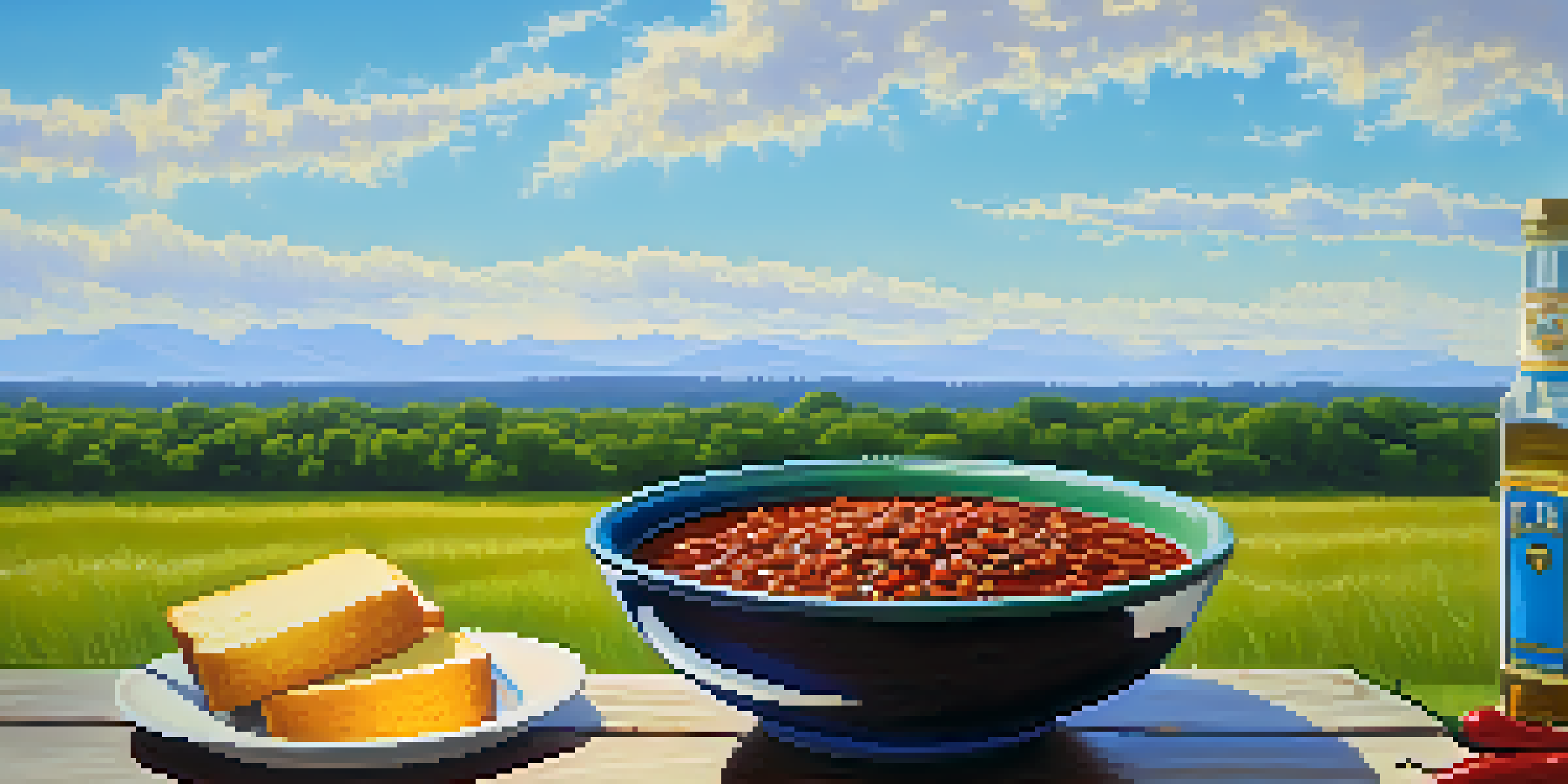 A bowl of Texas chili on a rustic wooden table outdoors, with cornbread on the side, under a blue sky.