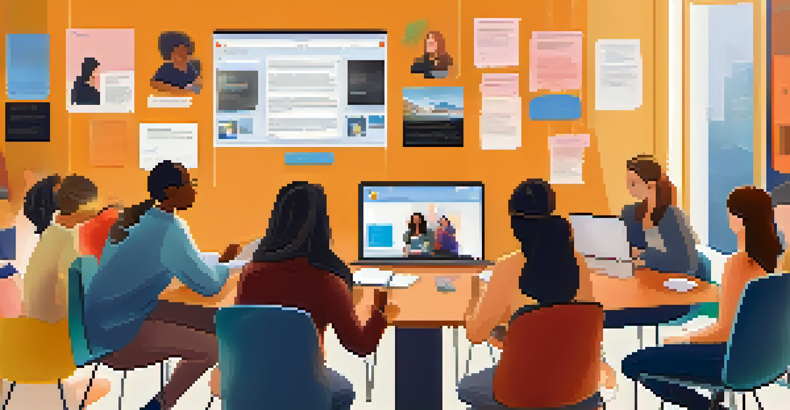 A virtual study group with students on multiple screens collaborating and discussing ideas in a cozy room filled with decoration.
