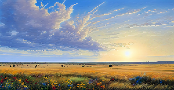 A wide landscape of Texas prairies with golden grass, blue sky, wildflowers, and a hawk flying above, featuring a small town in the distance.