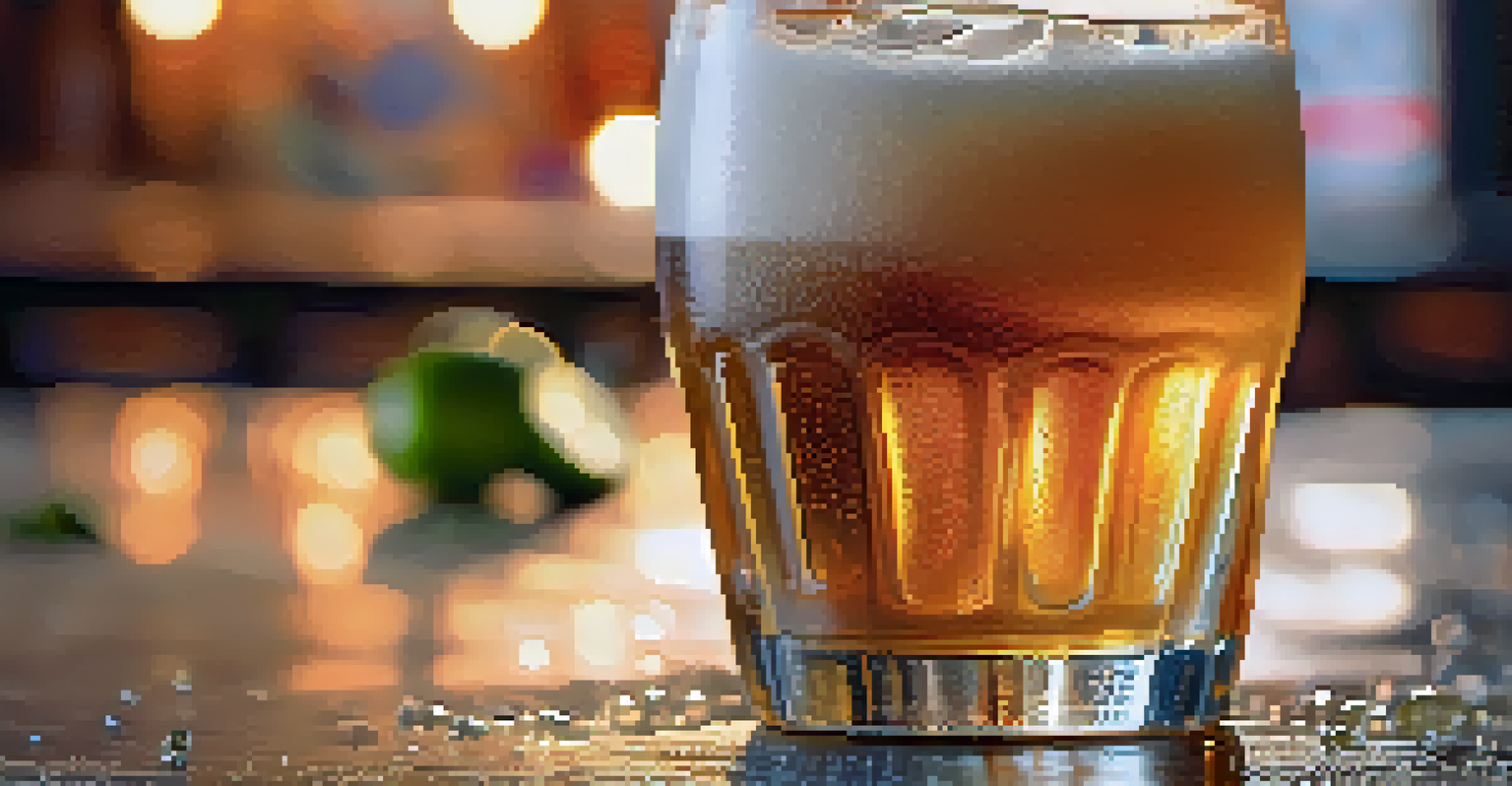 A close-up of a frosty glass of lager with a blurred Tex-Mex dish in the background.
