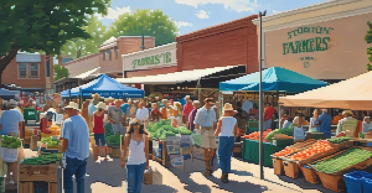 A lively farmers' market in Texas with stalls of fresh produce, families shopping, and a warm sunset glow.
