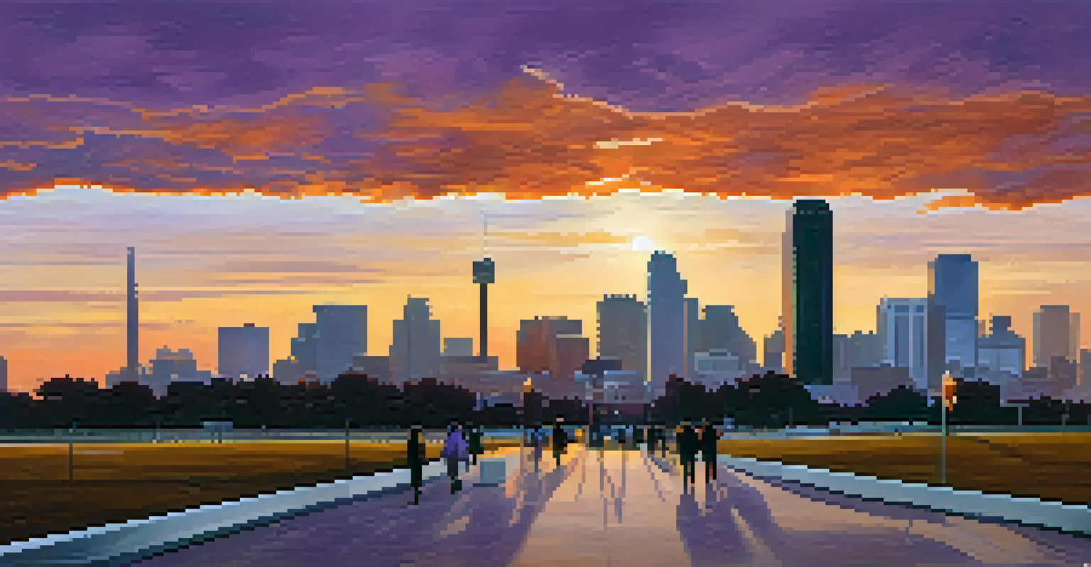 A sunset view of an urban Texas skyline with people walking towards a polling place, representing civic engagement.