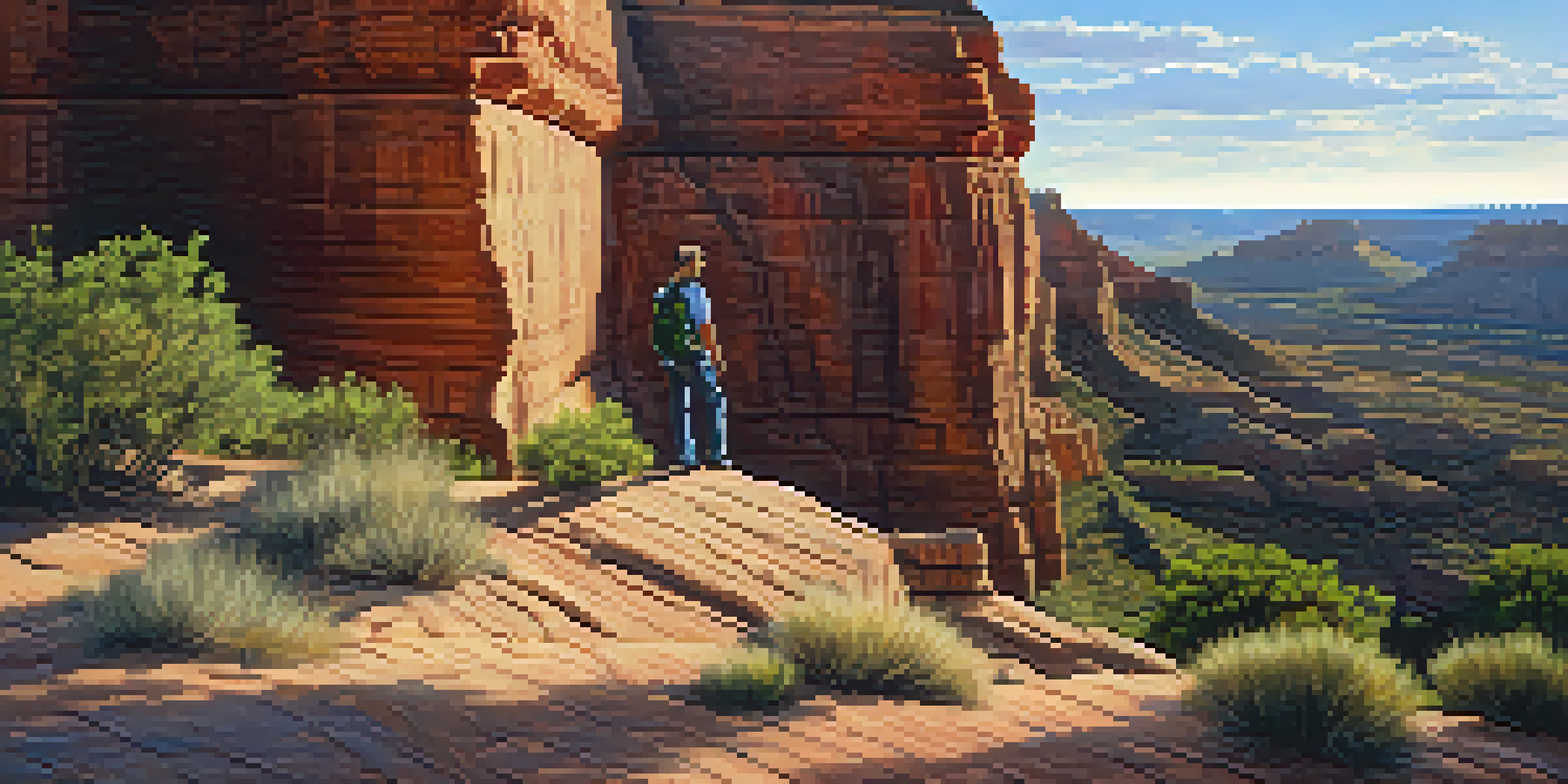 A hiker overlooking the stunning rock formations and vistas of Palo Duro Canyon in Texas.