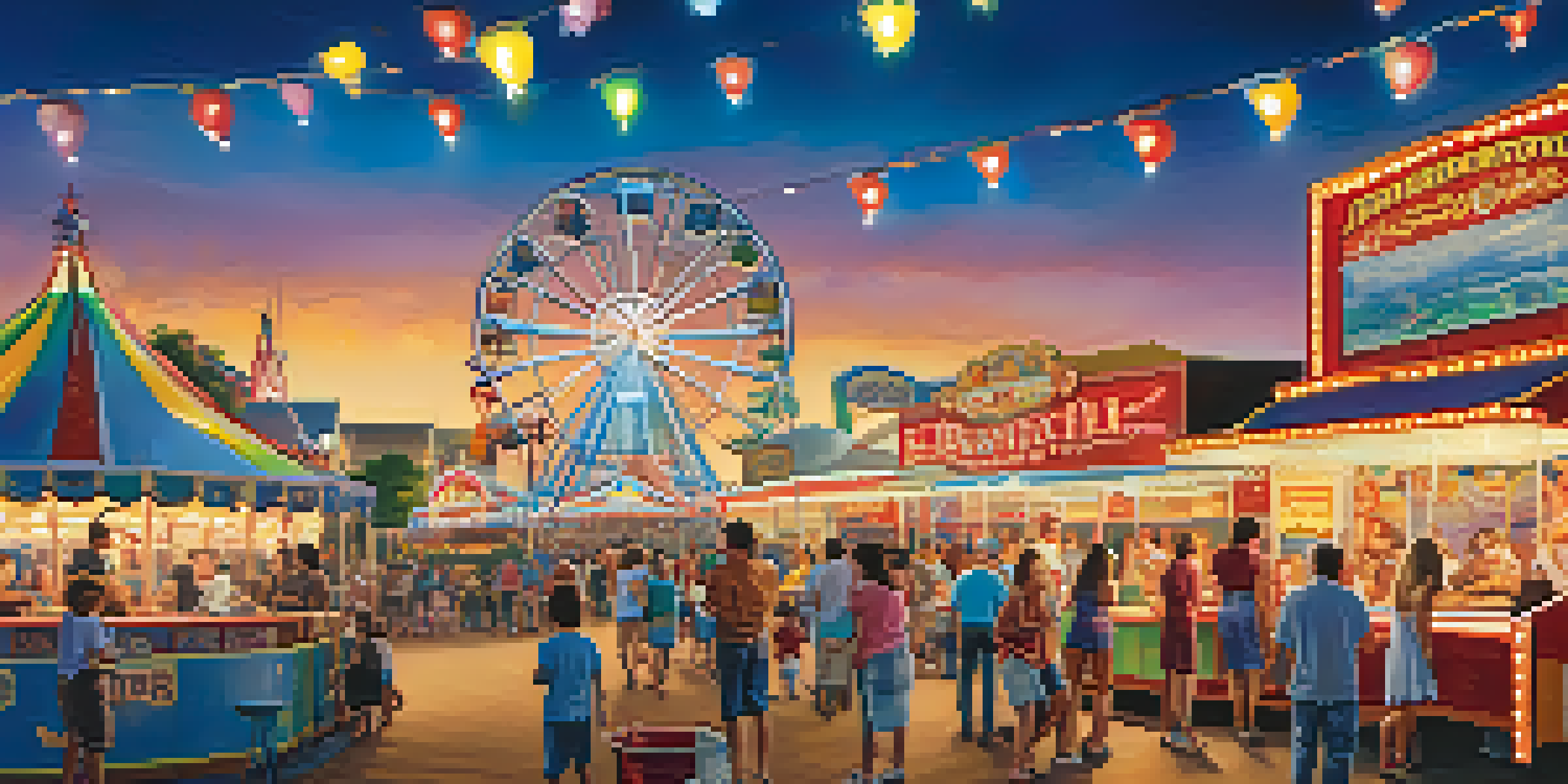 Families enjoying the Texas State Fair with rides and colorful food stalls.