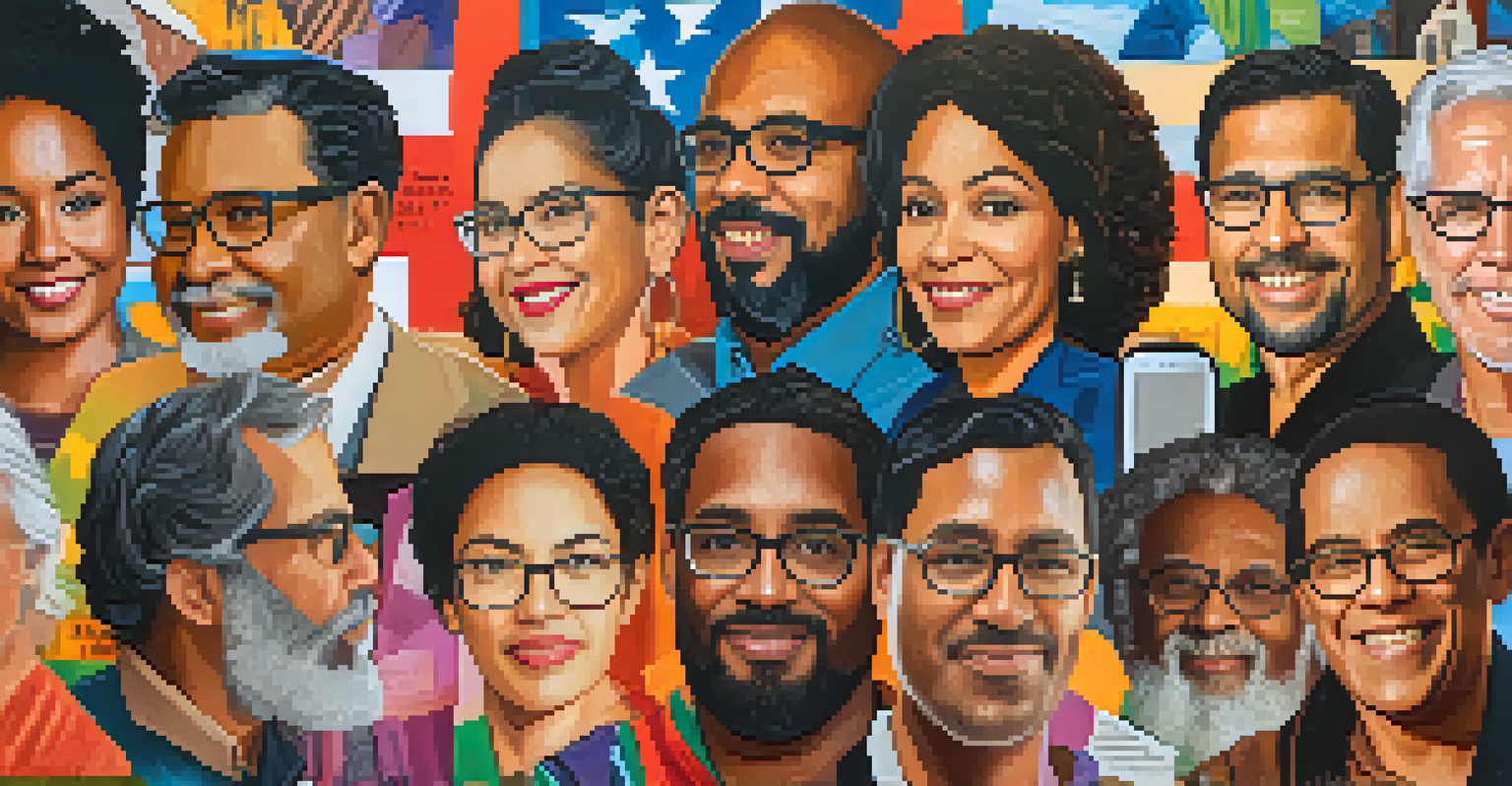 A colorful mural collage of diverse Texas authors celebrating their contributions to literature.