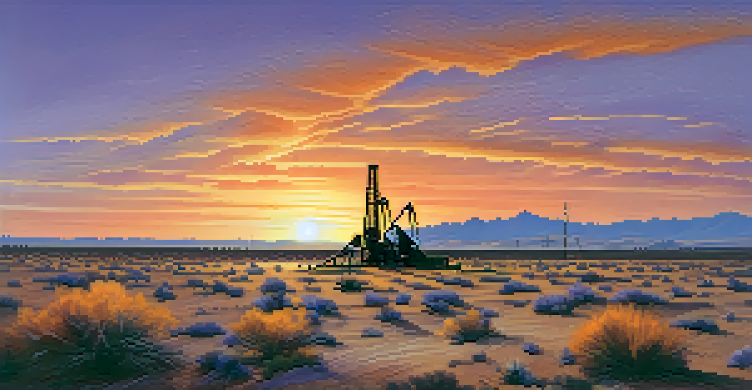A dramatic sunset over the arid landscape of West Texas, featuring desert vegetation and silhouettes of oil rigs.
