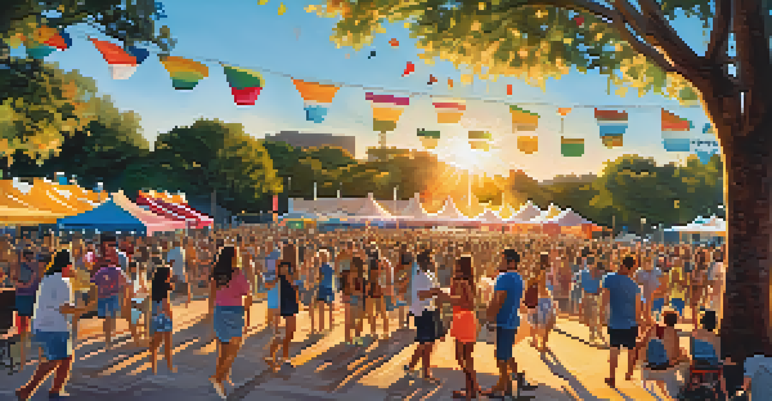 A summer music festival in Zilker Park, Austin, Texas, with dancing crowds and vibrant food stalls during sunset.