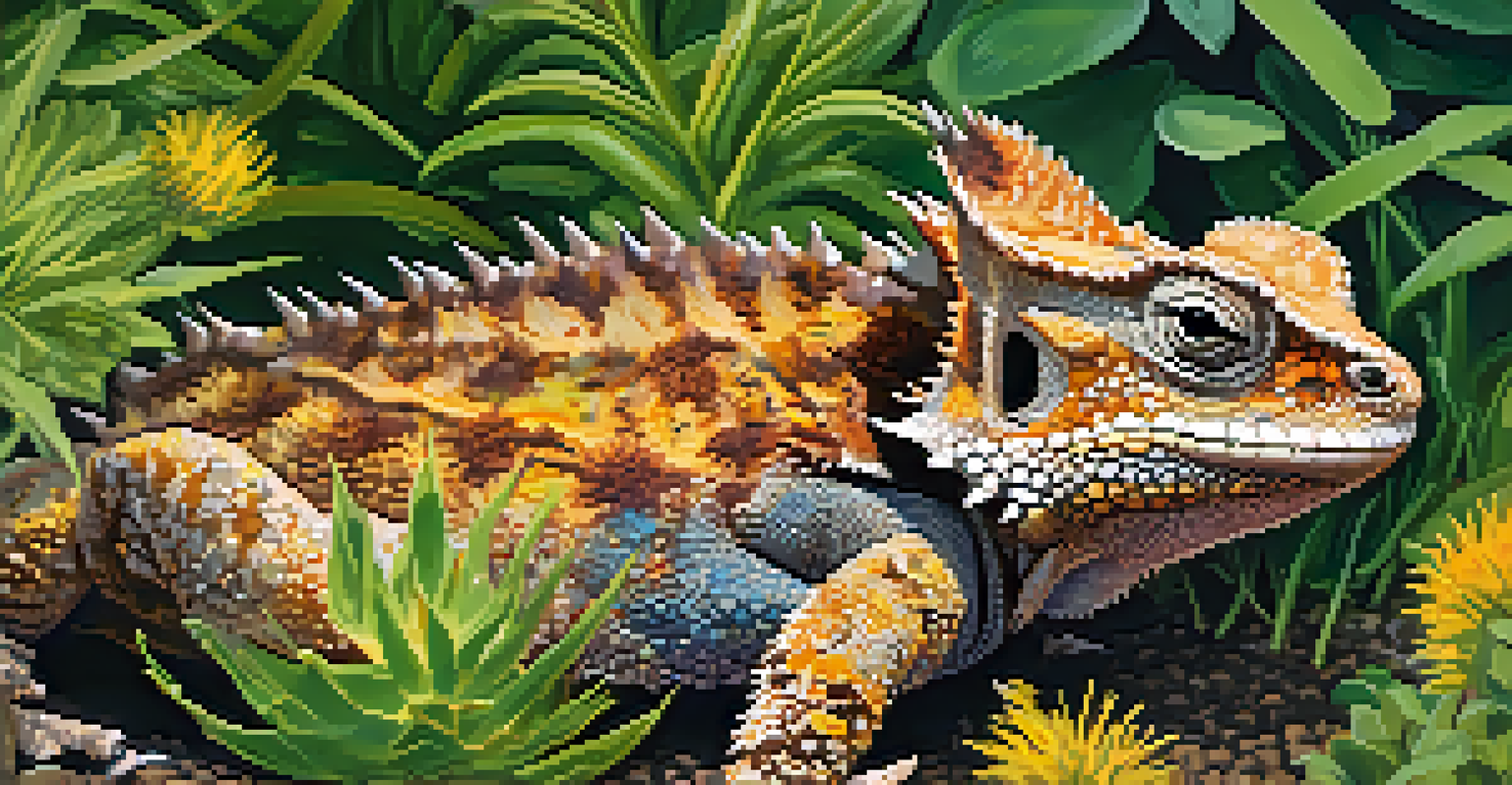 A close-up of a Texas Horned Lizard on native plants, displaying its textured skin and vibrant colors.