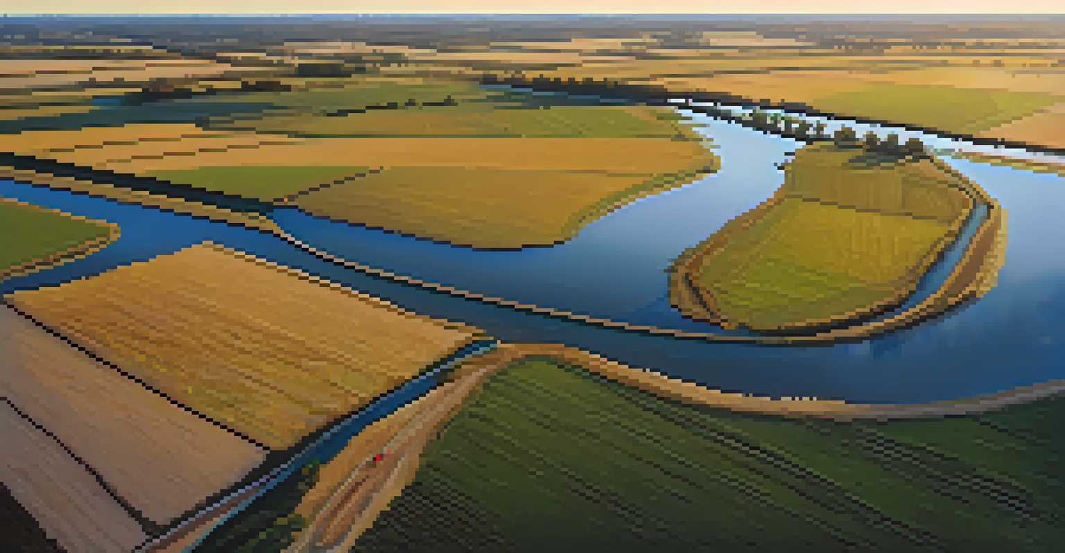 Aerial perspective of the Brazos River winding through rural fields, with a wooden bridge in the scene.