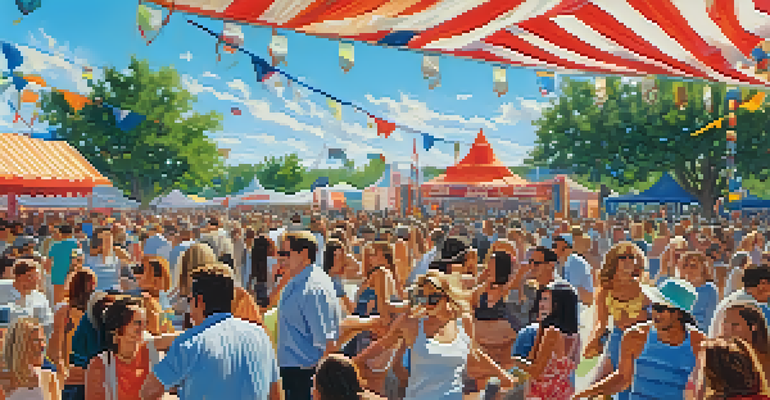 A vibrant outdoor music festival in Texas with a country band playing on stage and festival-goers dancing and enjoying the atmosphere.