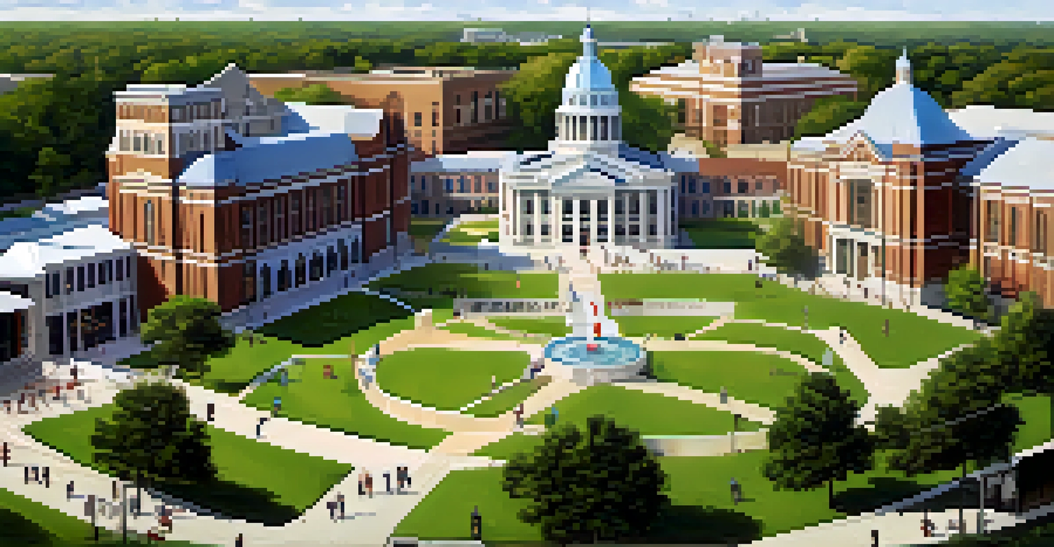 Students on a Texas university campus engaged in STEM activities with university buildings in the background.