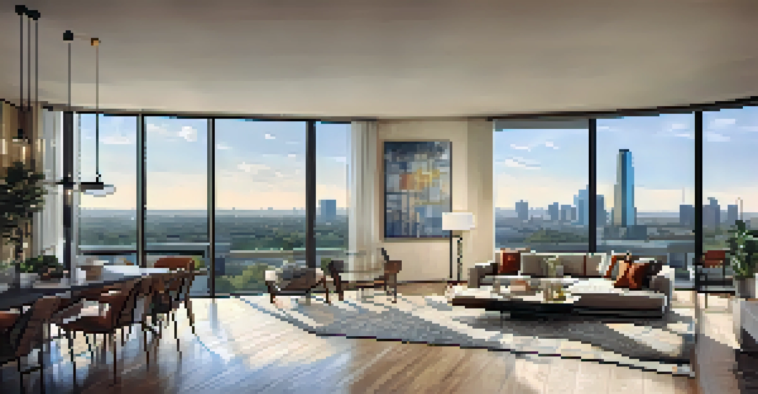A stylish modern apartment interior in Texas with large windows and contemporary furnishings, overlooking the city.