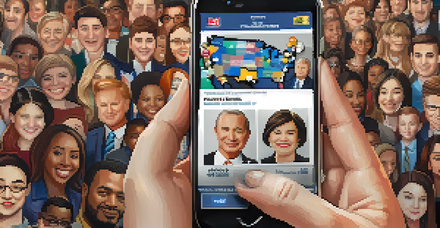 A close-up of a hand holding a smartphone with a political campaign app, in front of a blurred voting booth background.