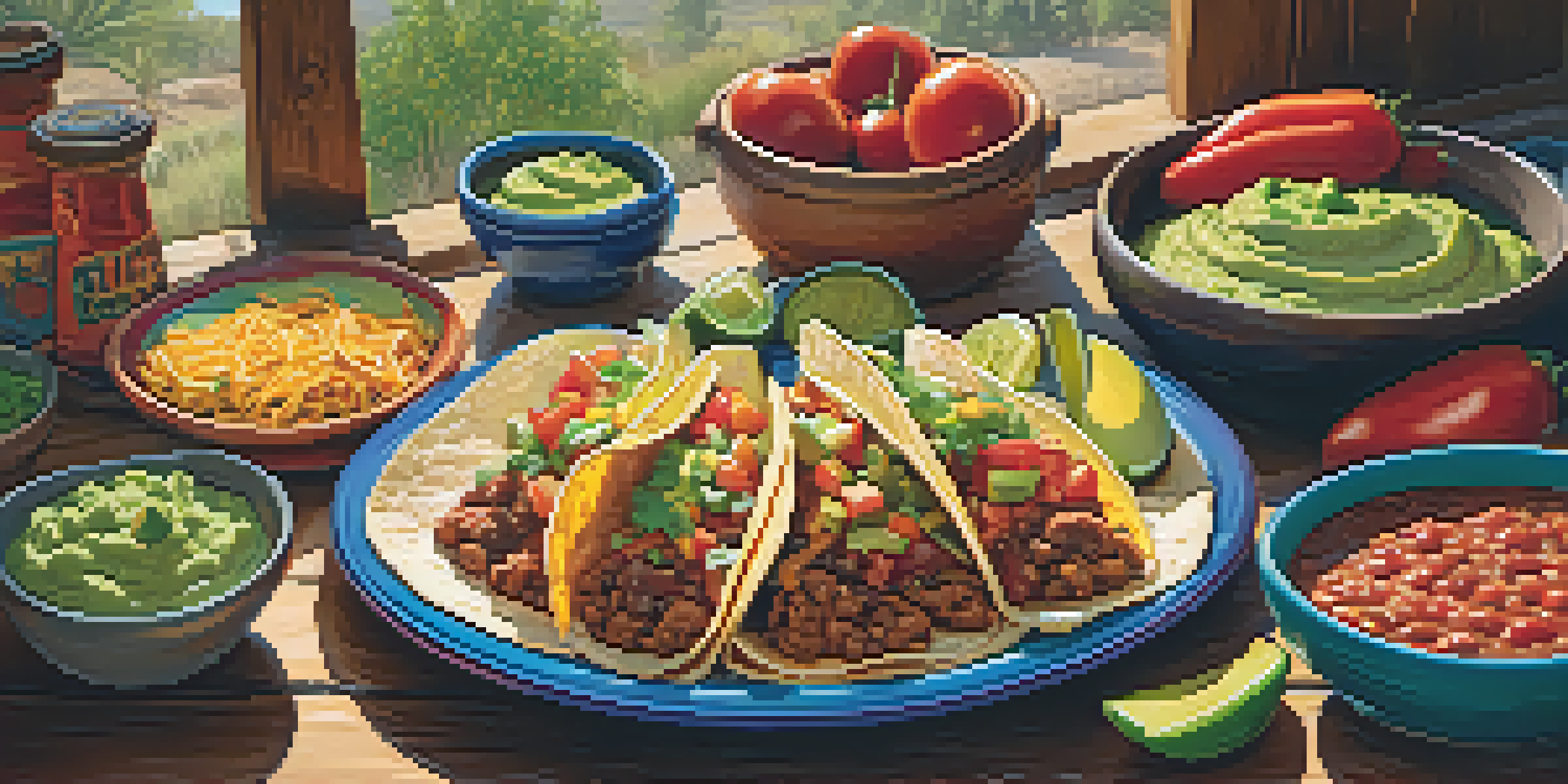 A colorful Tex-Mex meal with tacos, enchiladas, and guacamole on a wooden table, surrounded by fresh ingredients and warm sunlight.