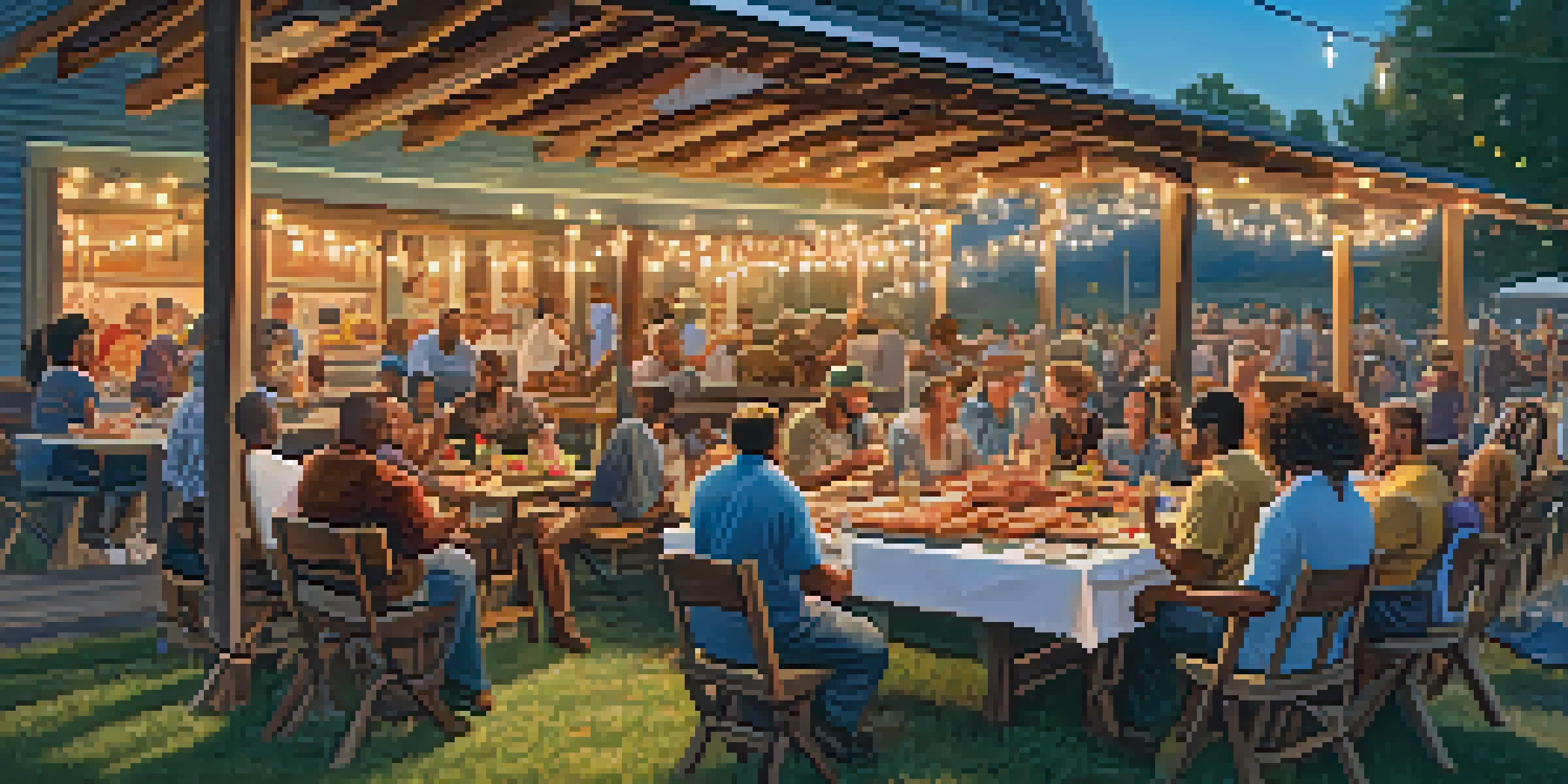 A lively outdoor barbecue gathering in Texas with a long picnic table overflowing with delicious barbecue dishes and a group of friends enjoying the meal.