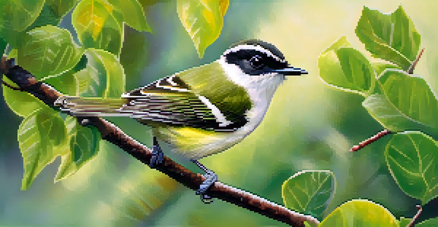 A Black-capped Vireo singing on a branch, surrounded by green leaves, highlighted by soft sunlight.