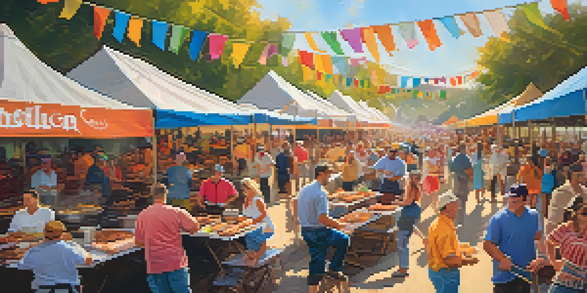 A lively outdoor barbecue festival with colorful food stalls, chefs grilling meat, and families enjoying their meals under warm sunlight.