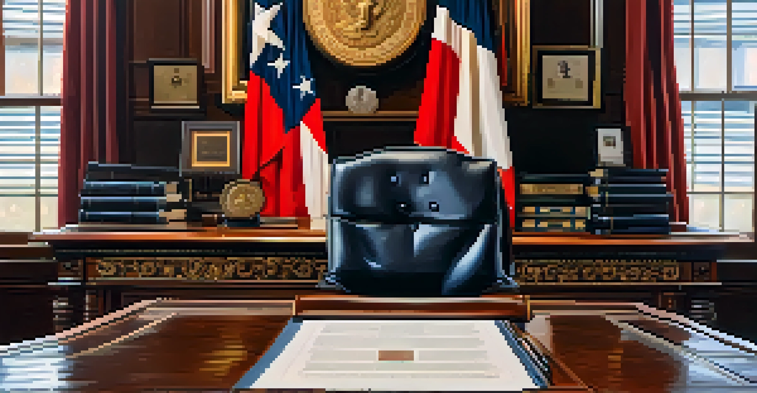 A close-up of a governor's desk featuring a Texas flag, documents, and a framed photo in an ornate office.