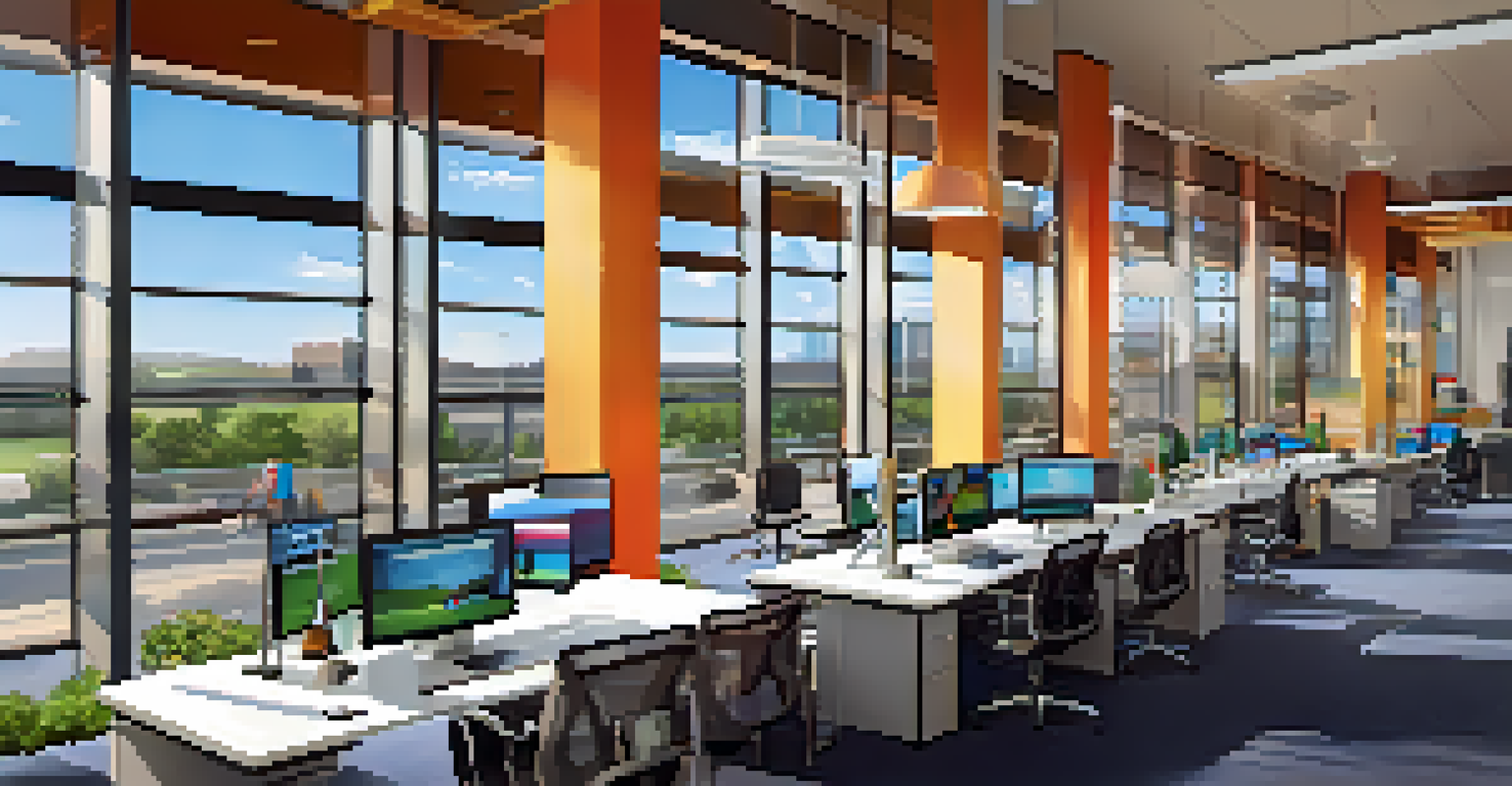 A modern Texas tech office interior with colorful decor and employees collaborating in a bright, open space.