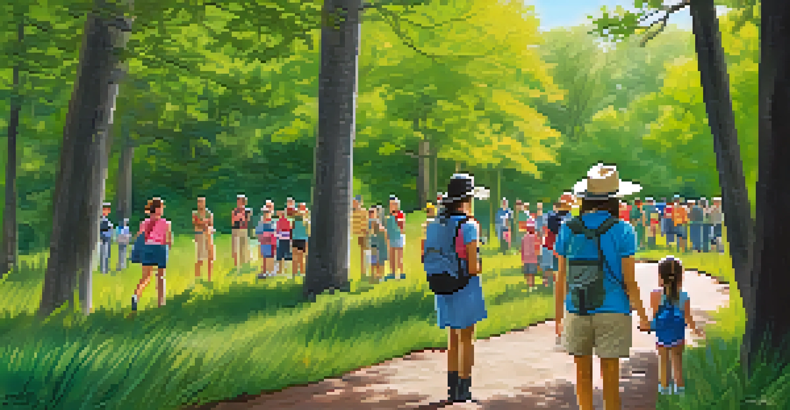 A park ranger leading a diverse group of visitors on a nature walk in a Texas park, surrounded by trees and educational signage.