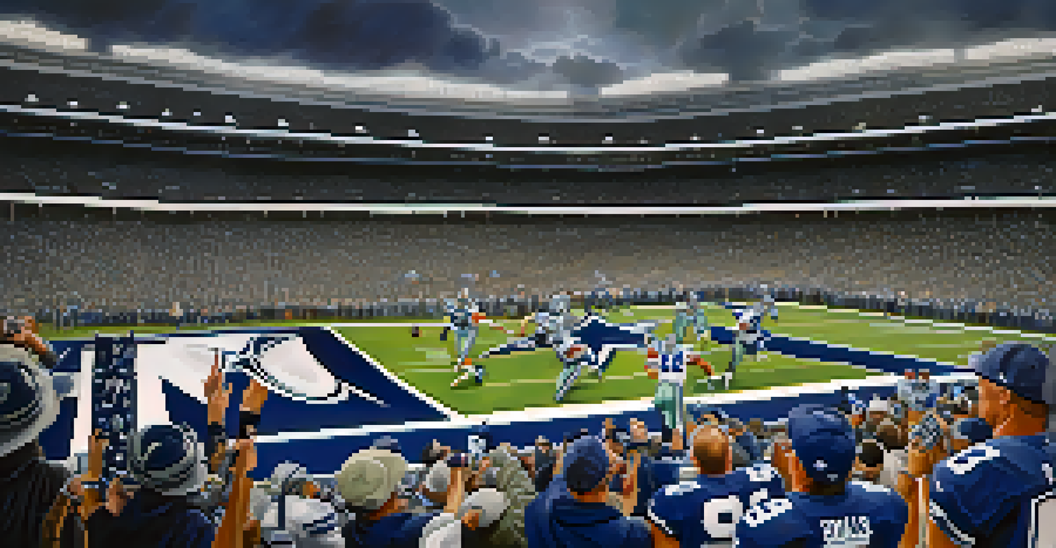 A thrilling moment during an NFL game at AT&T Stadium, featuring a quarterback in action and fans cheering in the stands.