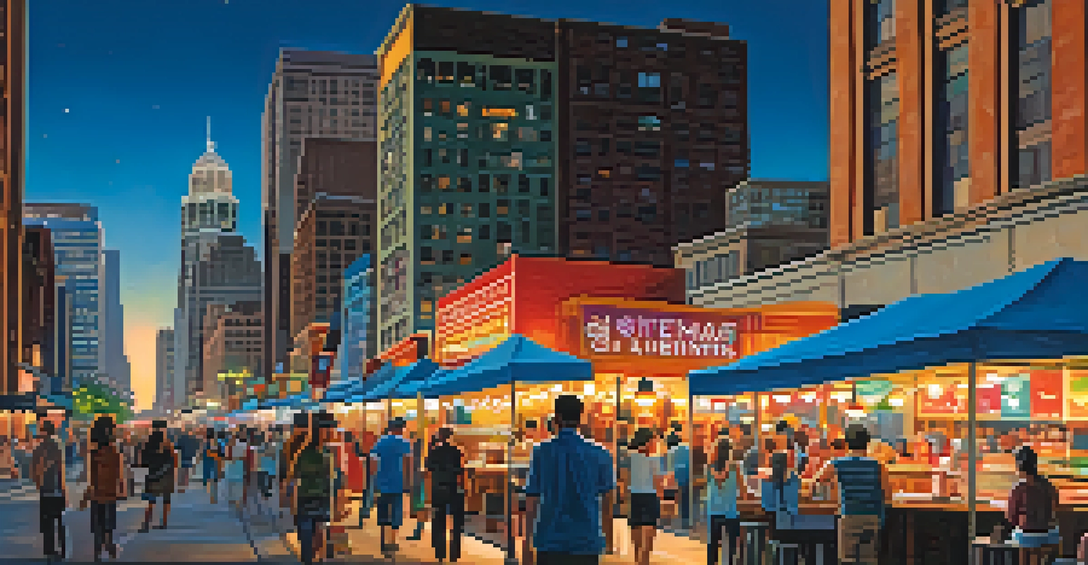 A vibrant city skyline of Texas at twilight with illuminated skyscrapers and busy streets.