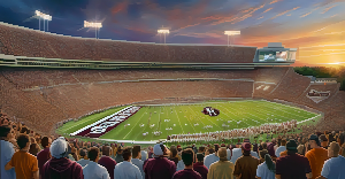 A lively football game scene with fans in school colors, cheering in a packed stadium during sunset, with players ready on the field.