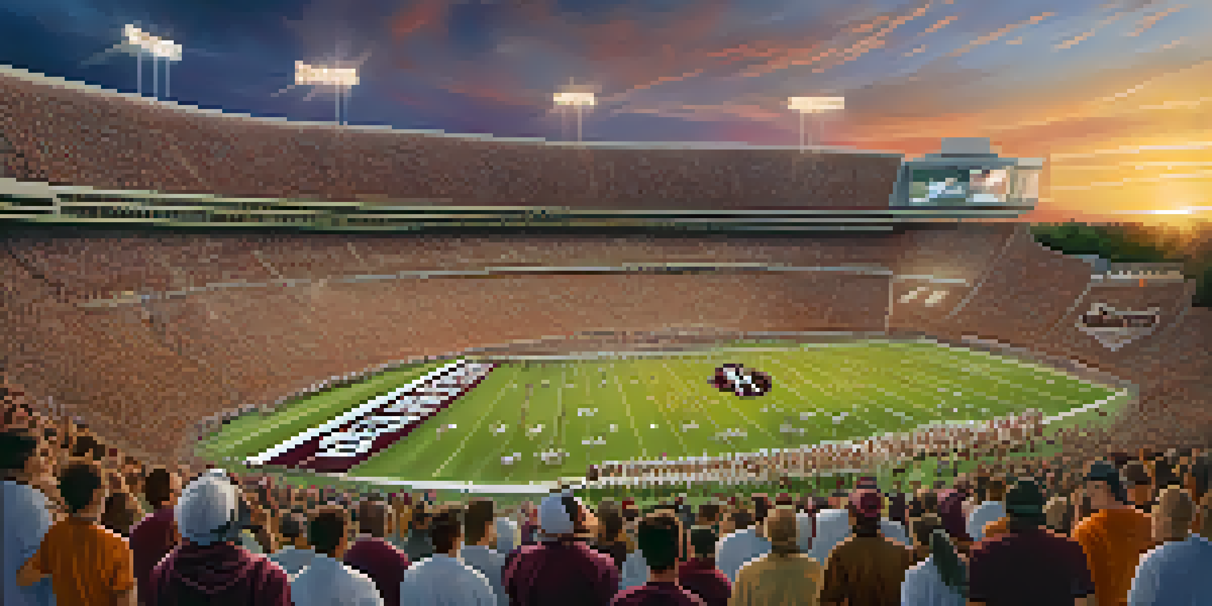 A lively football game scene with fans in school colors, cheering in a packed stadium during sunset, with players ready on the field.