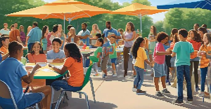A lively outdoor community engagement event at a Texas school with families, teachers, and students participating in activities under warm sunlight.