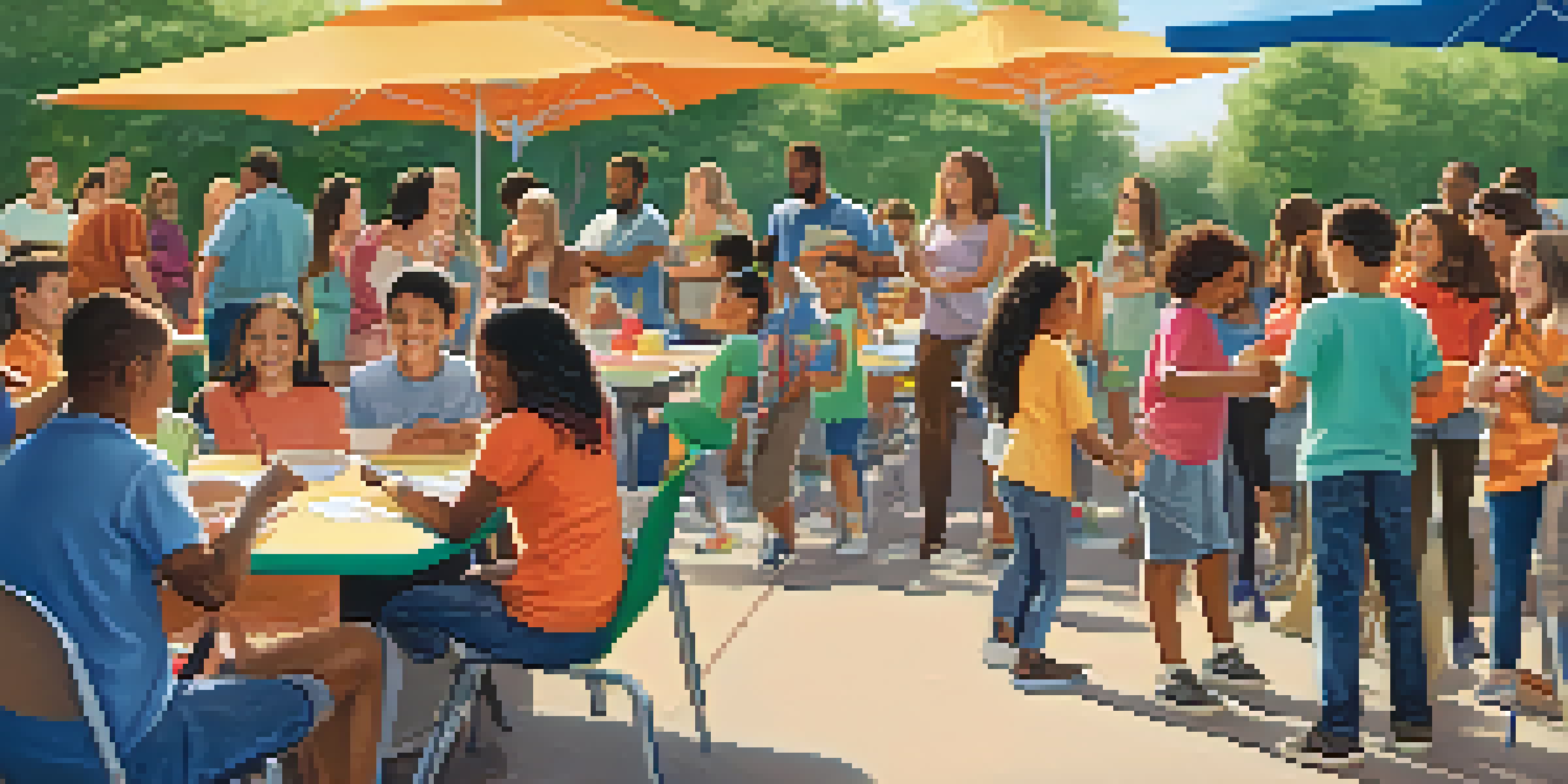 A lively outdoor community engagement event at a Texas school with families, teachers, and students participating in activities under warm sunlight.