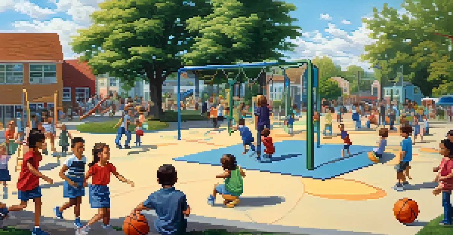 A vibrant playground filled with children of different backgrounds playing and enjoying the outdoors.
