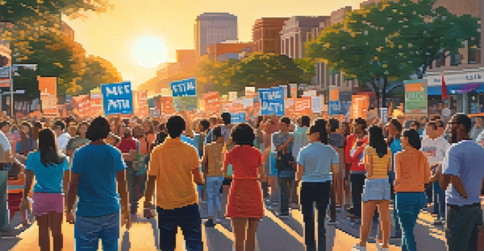A political rally in Austin, Texas, featuring diverse participants holding campaign signs with the city's skyline in the background during sunset.