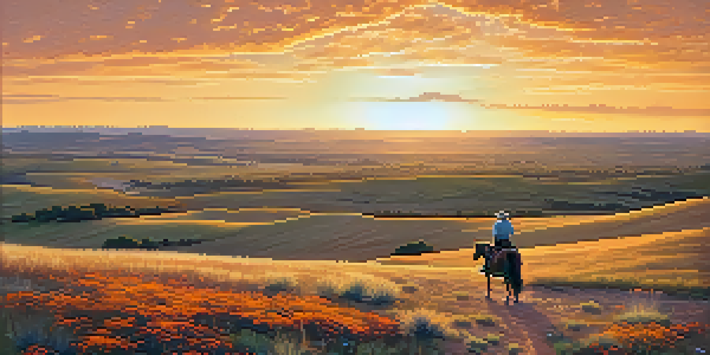 A panoramic view of the Texas landscape at sunset with a cowboy on horseback and a rustic windmill.