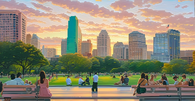A vibrant sunset over the Austin skyline, highlighting modern skyscrapers and green parks filled with people.