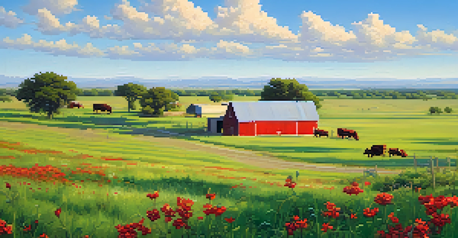 A picturesque Texas ranch landscape with colorful wildflowers, a classic red barn, and grazing cattle under a bright sky.
