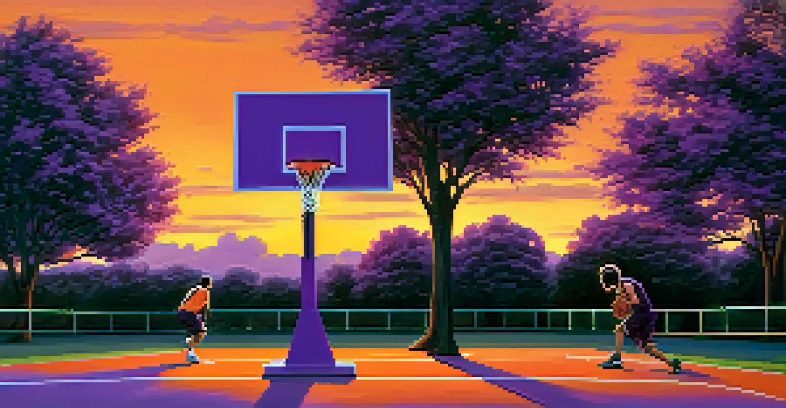 A Texas A&M Aggies basketball player silhouetted against a sunset while shooting hoops on an outdoor court.