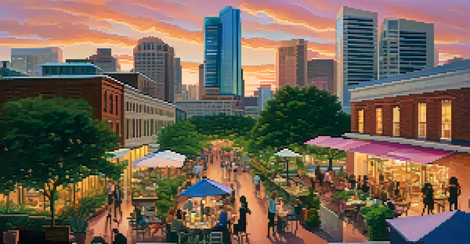 A sunset view of the Austin skyline with modern skyscrapers and greenery, showing people enjoying outdoor spaces.