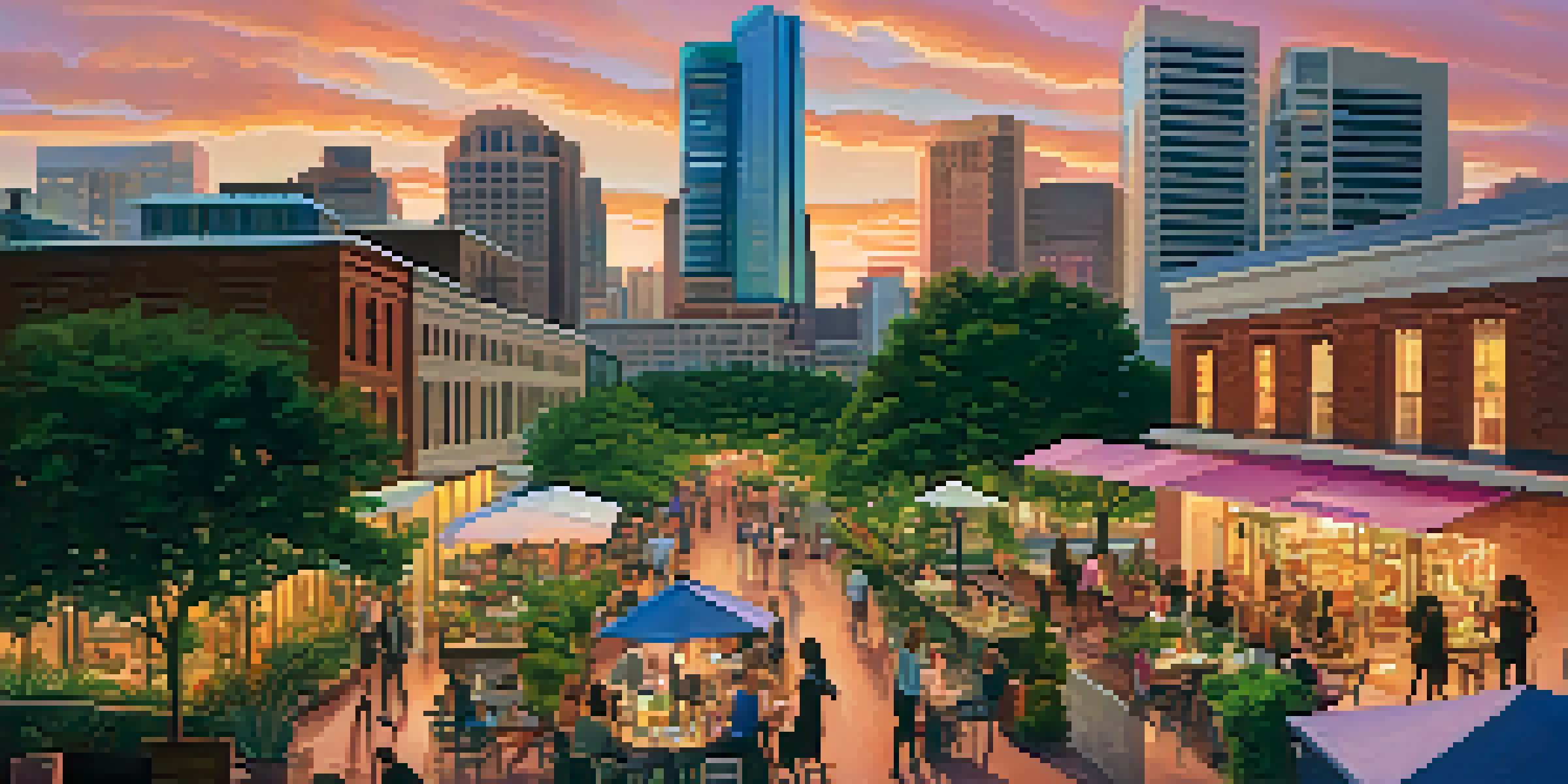 A sunset view of the Austin skyline with modern skyscrapers and greenery, showing people enjoying outdoor spaces.