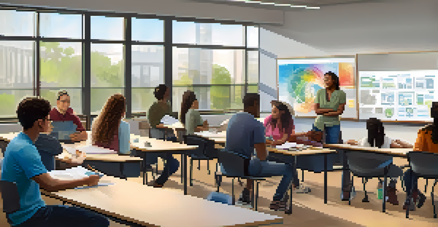 A group of diverse students collaborating on a project in a bright, modern classroom with interactive screens.