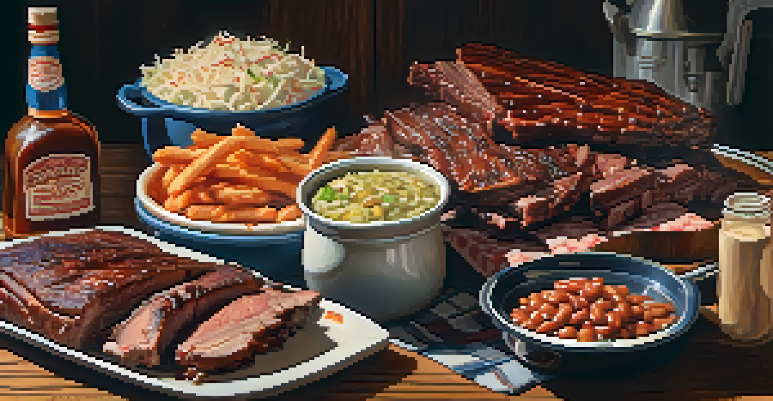 A delicious Texan barbecue spread with smoked meats and traditional sides on a wooden table.