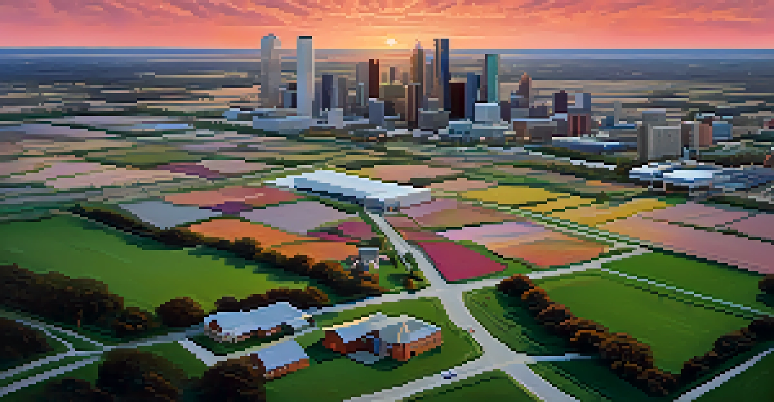 An aerial view showing the contrast between the urban skyline of Dallas and rural landscapes, with a sunset in the background.