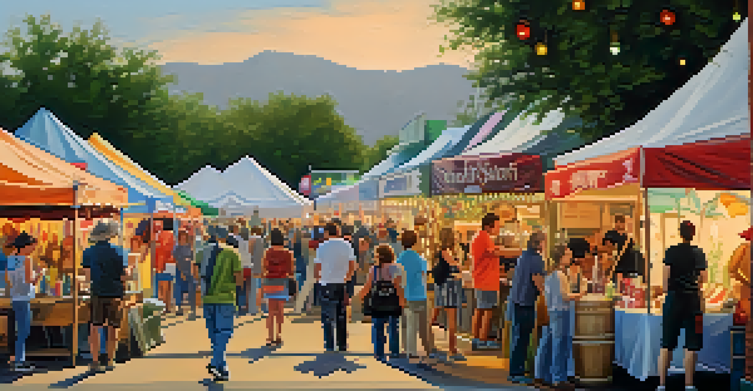 A lively street scene at a Texas art festival with artists and attendees exploring various artworks.