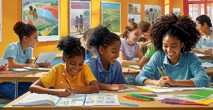 A diverse group of students collaborating in a bright classroom, surrounded by educational materials and natural light.