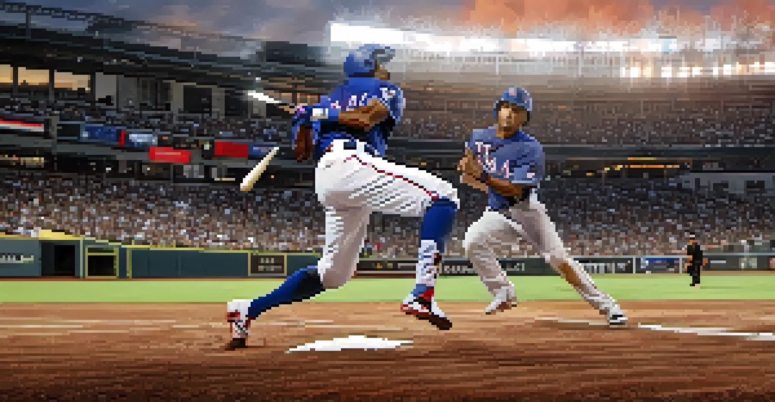 A Texas Rangers player swinging a bat with a focused expression, as the ball flies into the sky and the crowd is blurred in the background.