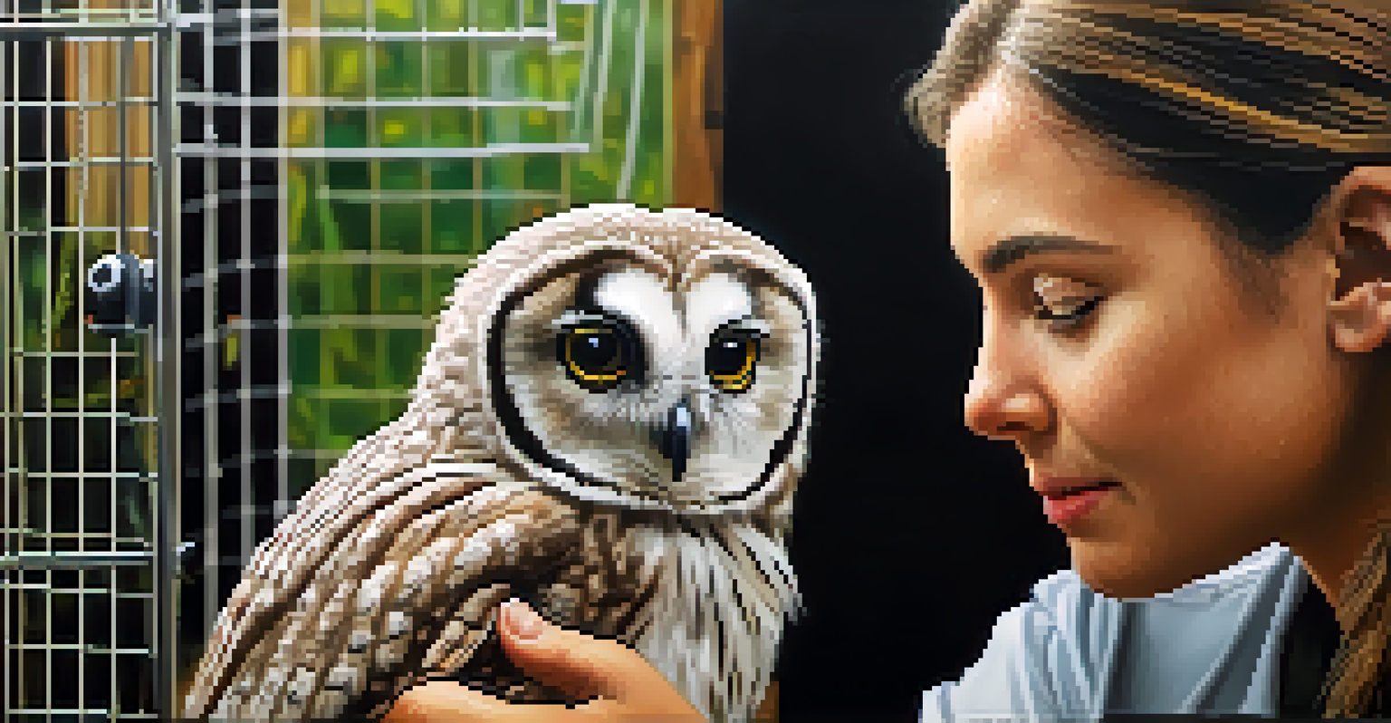 A volunteer caring for a young owl in a wildlife rehabilitation center in Texas, with other animal enclosures in the background.