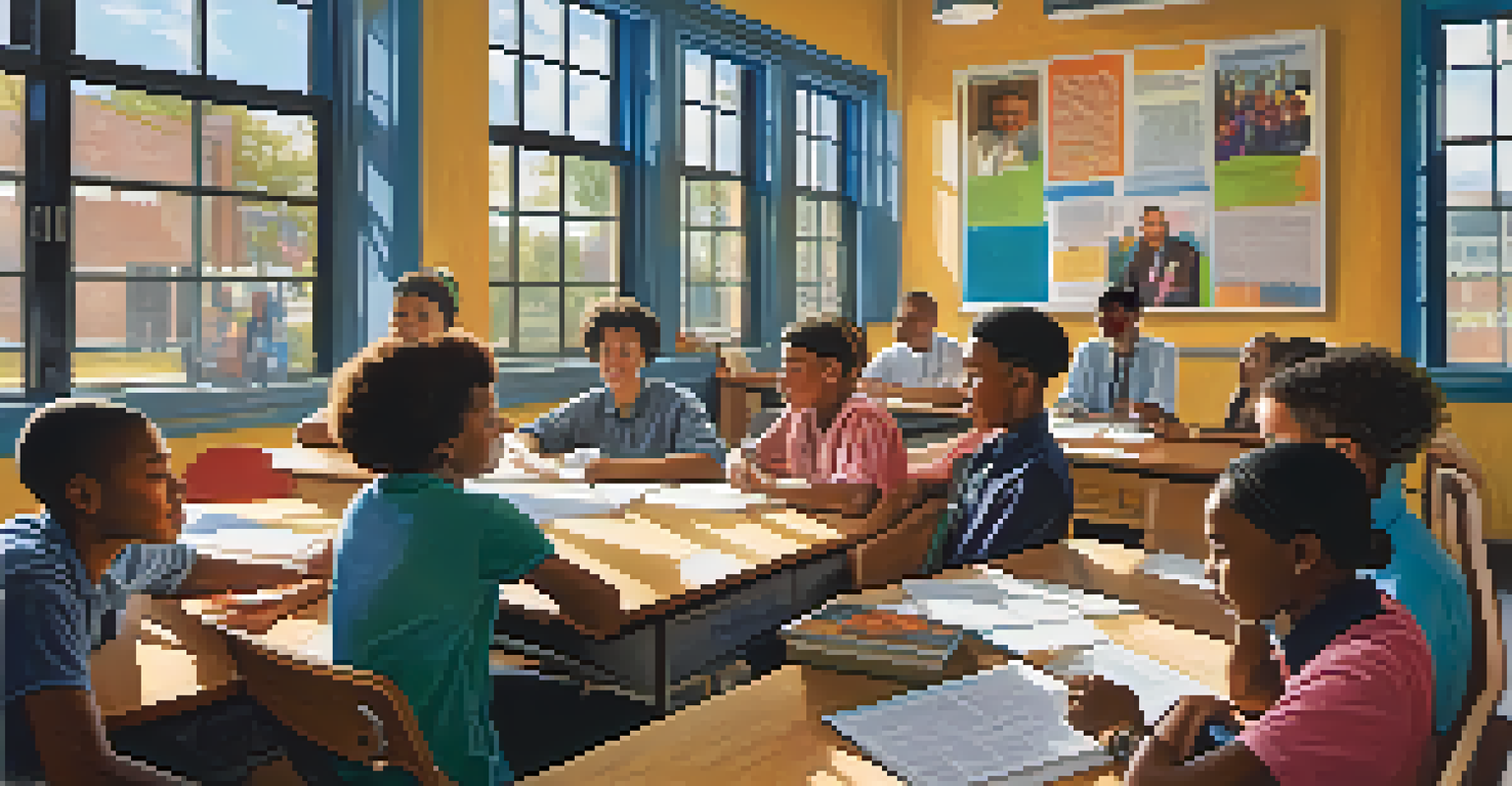 Diverse students in a modern Texas classroom discussing civil rights history, with educational posters on the walls.