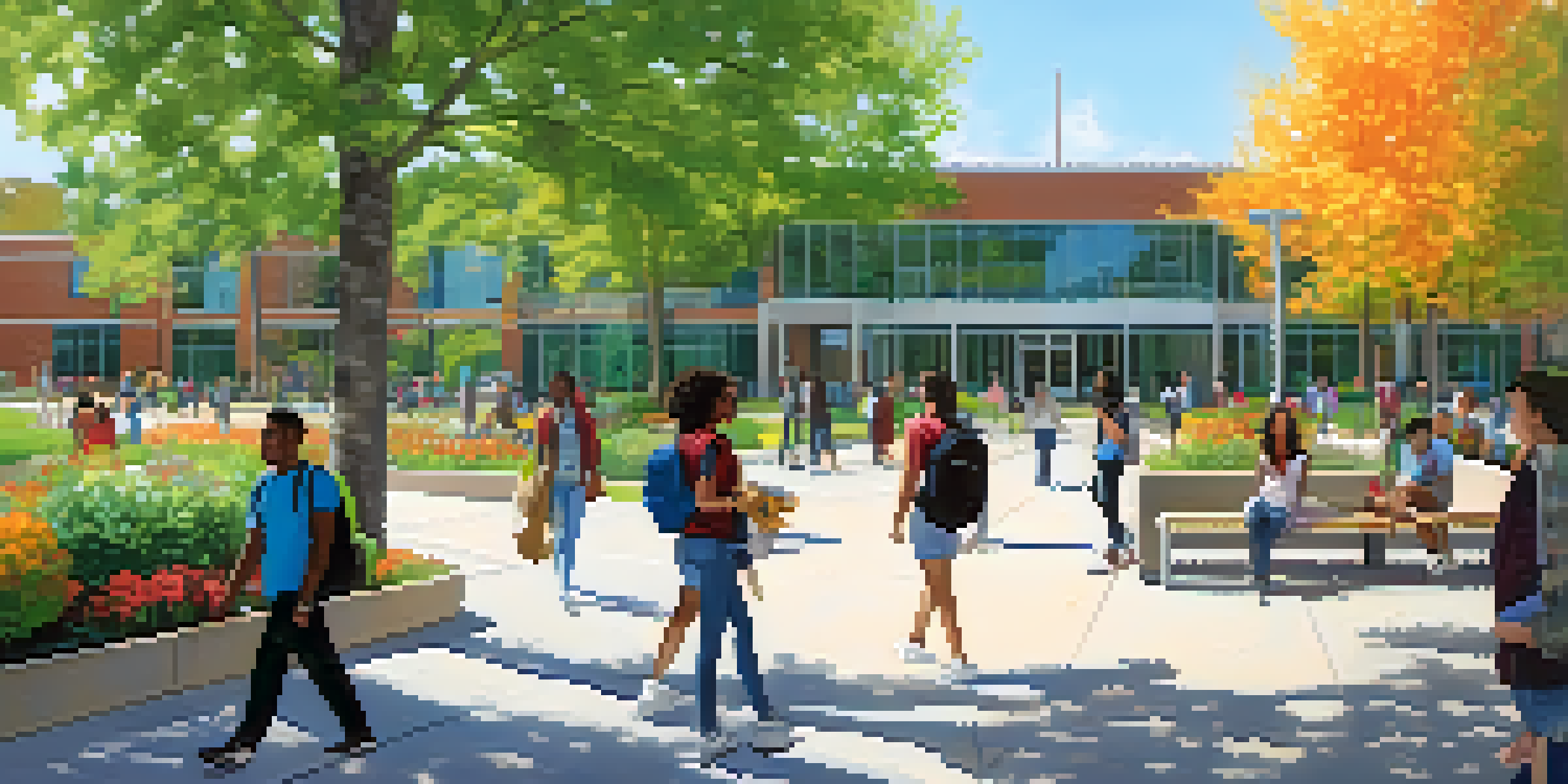 A sunny day at a community college with diverse students engaged in activities around modern buildings and green trees.