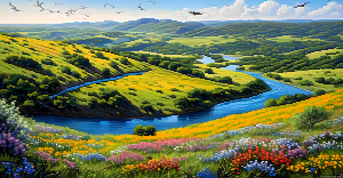 Scenic Texas Hill Country with blooming wildflowers, a river, and birds flying in a blue sky.